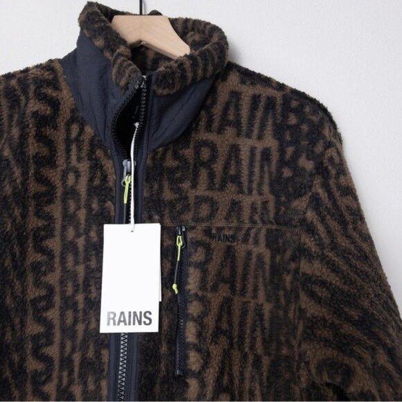 NWT RAINS Heavy Fleece Jacket L Unisex Wood Black Monogram Oversized Boxy - Picture 6 of 12